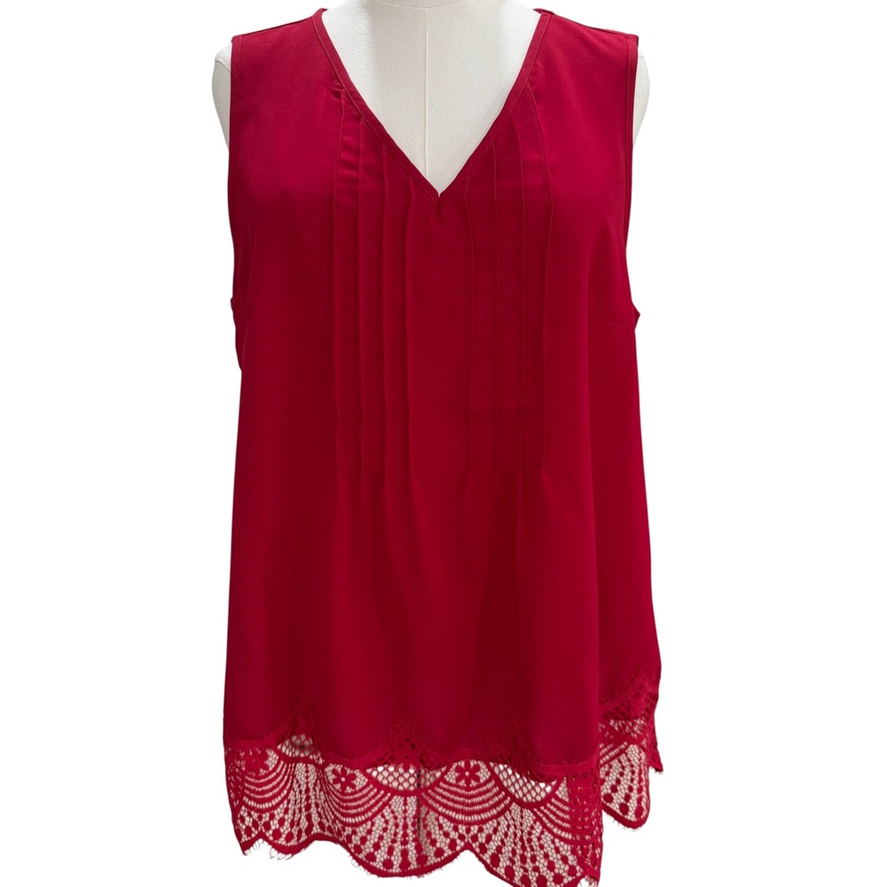 Bloomchic Red V-Neck Pintuck Sleeveless Blouse Crochet Lace Hem Top US 12 Chic - Picture 7 of 10
